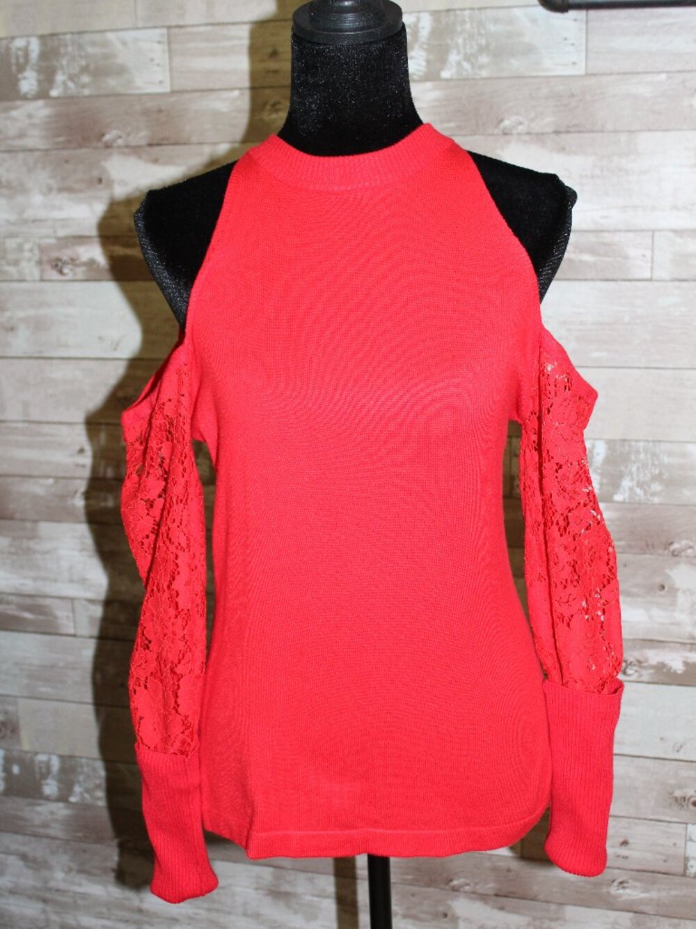 Cold Shoulder Red Lace Sleeves Lightweight Sweater Dressy or Casual